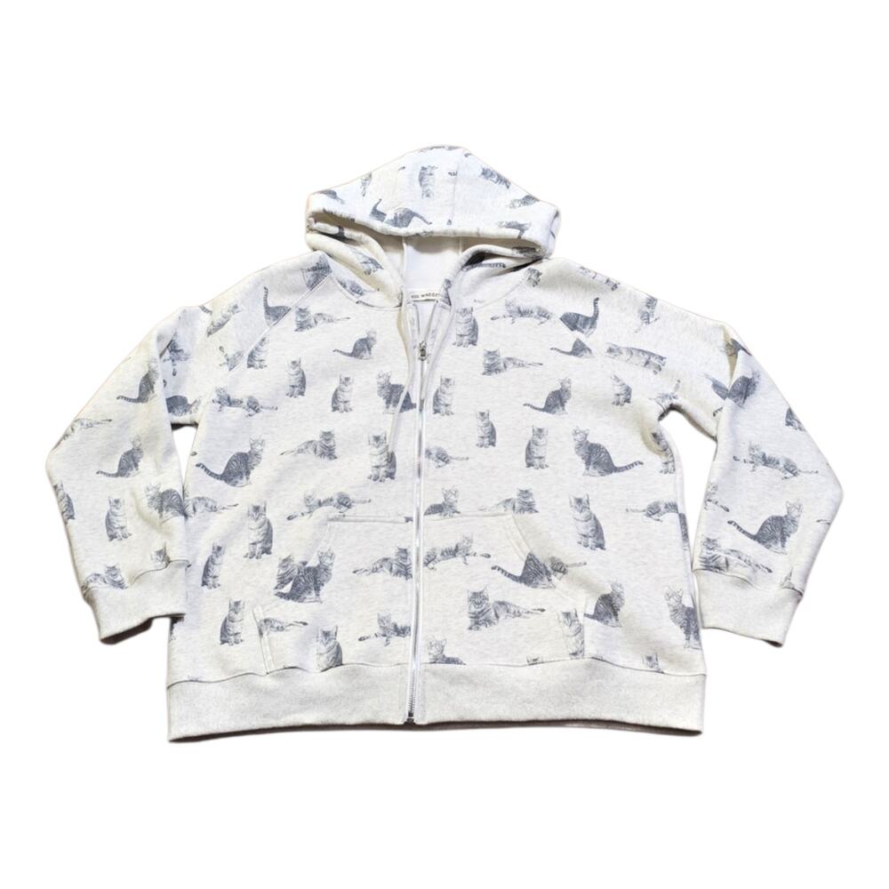NWOT SM Wardrobe All Over Cat Party Print Zip-Up Hoodie Heather Gray Size Large